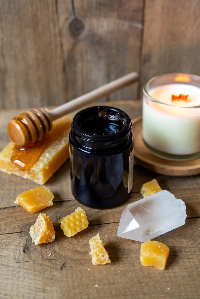 Pot crème met honing, honingraat, bergkristal en een brandende kaars